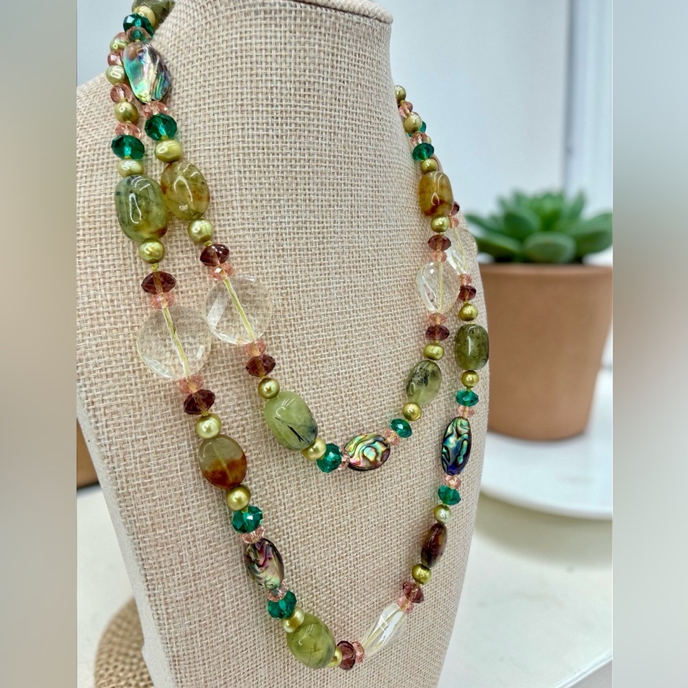 One Of A Kind Artisan Abalone Moss Agate Quartz Pearl 40” Necklace 925 Gemstone - Picture 8 of 17